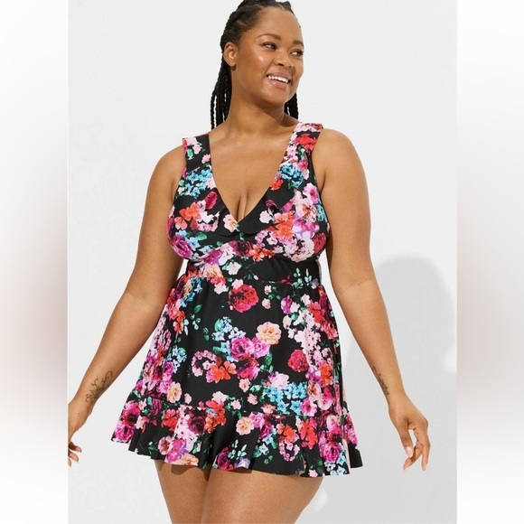 Torrid Black w/ Pink Floral Ruffle Trim One
Piece Swim Dress Size 3X - Picture 12 of 14